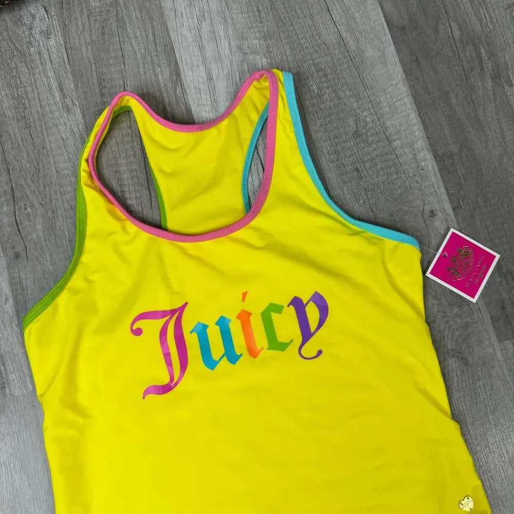 NWT Juicy Couture Girls Yellow Spell Out One Piece Swimsuit Size 16
